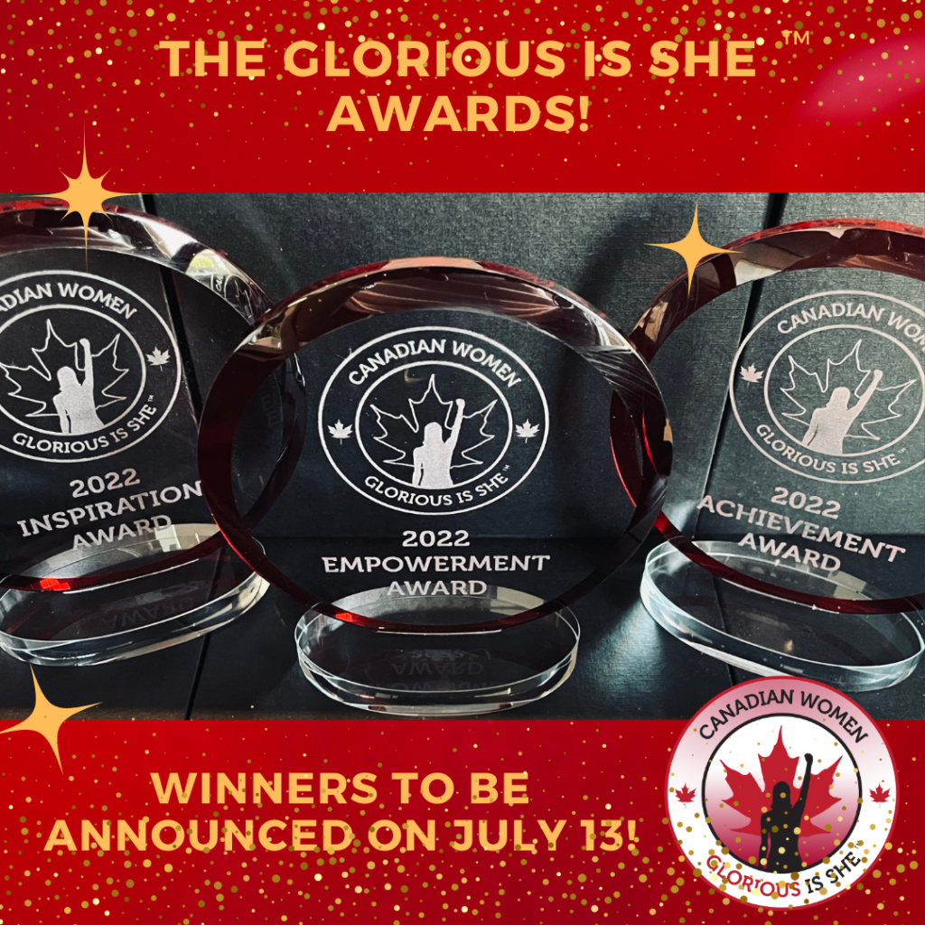 Circular Glass Award Trophies. Text reads "The Glorious is She Award Program. Winners to be Announced on July 13""
