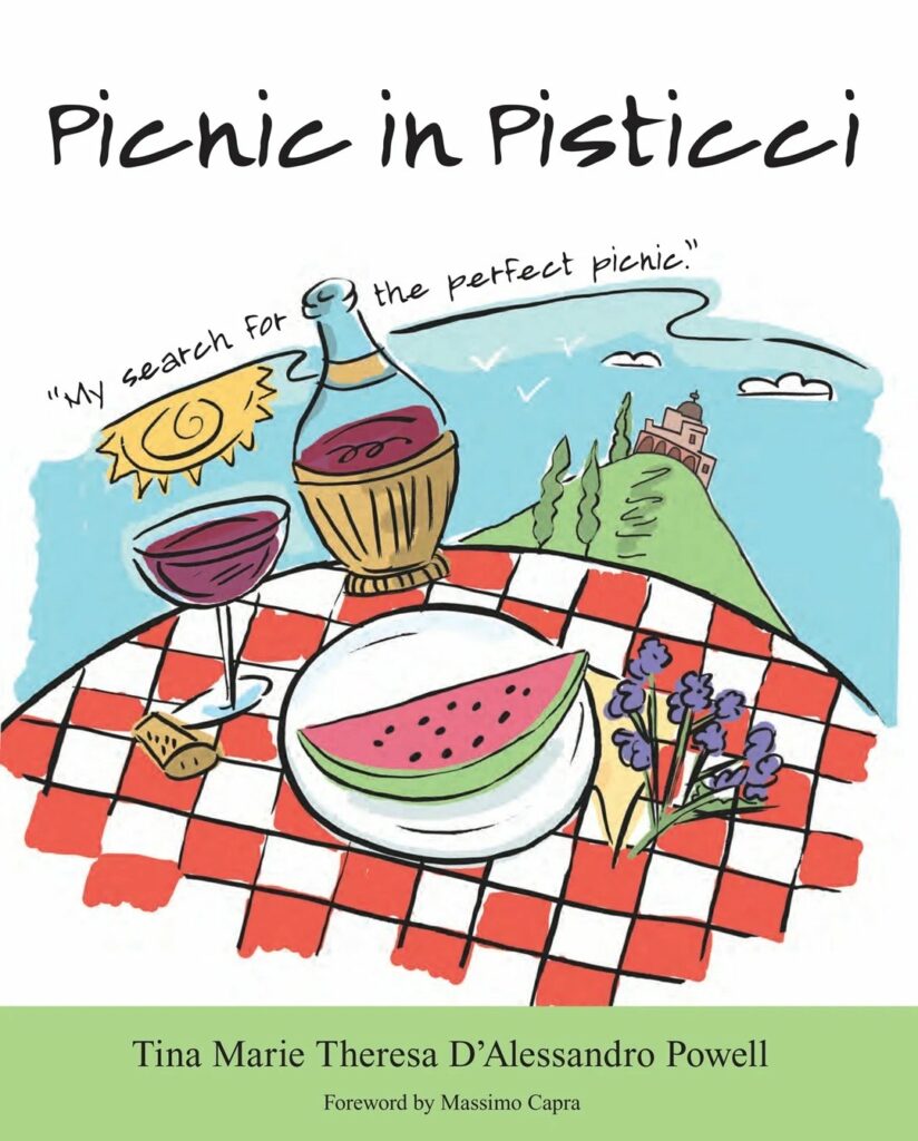 Book Cover. Text reads "Picnic In Pisticci - My search for the perfect picnic".Illustration of fruit and wine.